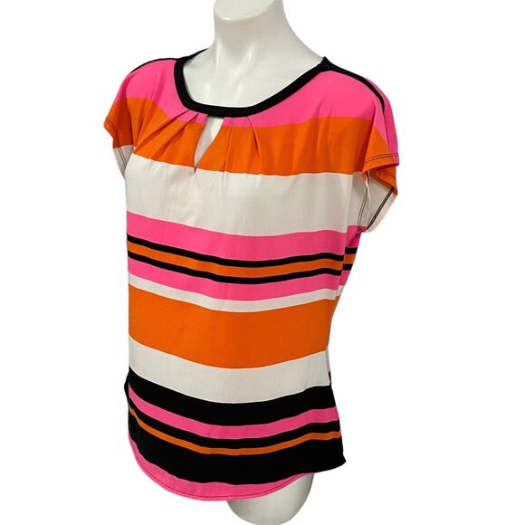 Worthington Top Womens Large Shirt Stripe Orange Pink Work Office Career Coastal - Picture 6 of 14